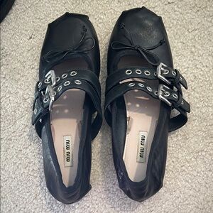 Miu Miu Black Flats with Double Buckle and Bow